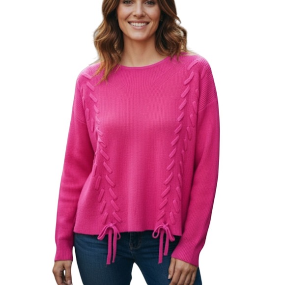 Design History Pink Crew Neck Long Sleeve Sweater with Lace Up Detail Small - Picture 1 of 7